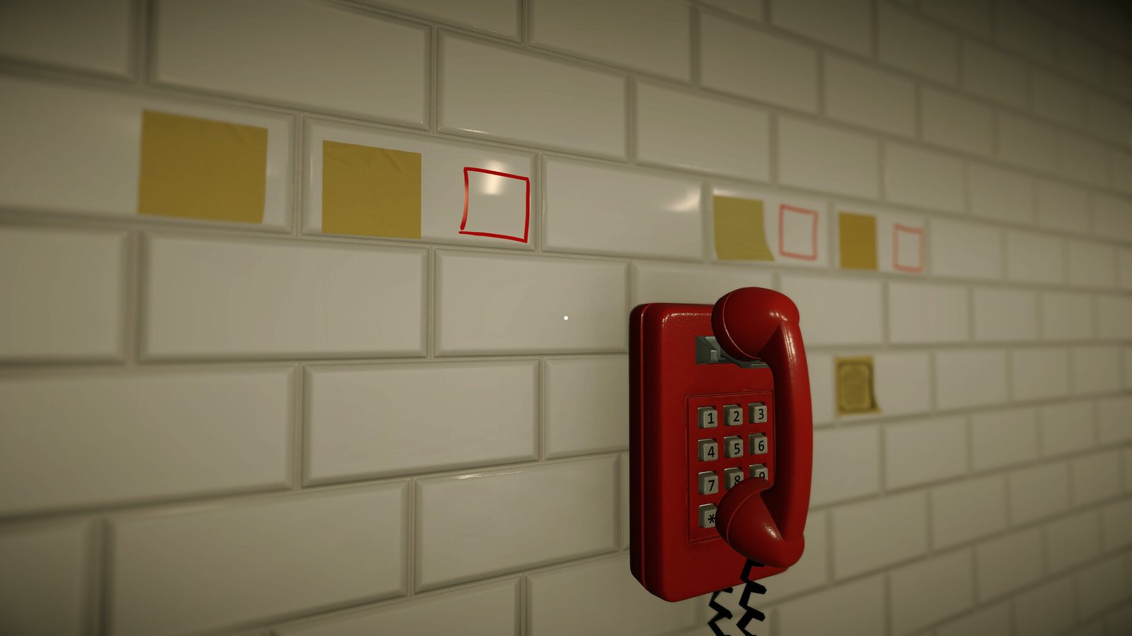 Teléfono rojo de pared junto a notas marcadas en rojo